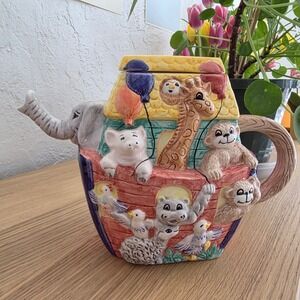 Vintage 1996 Susan Burger Noahs Ark Ceramic Teapot Flowers Inc Balloons Elephant